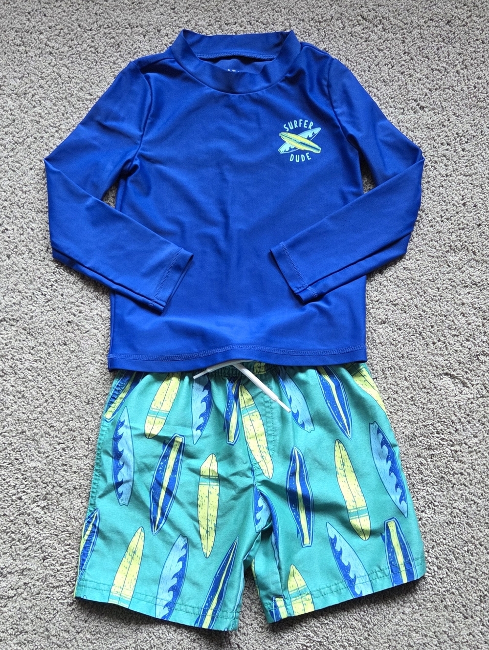 Carter's Toddler Boy Swim Set - Blue Rashguard & Green Surfboard Trunks, Size 4T